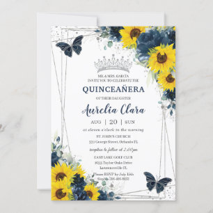 Invitation Bleu de la marine Tournesol Floral Papillons Quinc