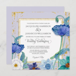 Invitation Bleu de lavande et cadre d'or floral couleur blanc