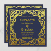 Invitation Bleu de marine celtique | Faux Gold Celtic Knot Ma (Devant / Derrière)