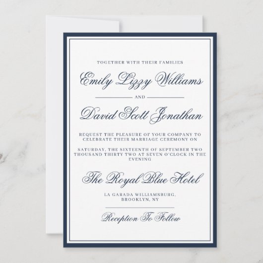 Invitation Bleu de marine classique Élégant Script traditionn (Devant)