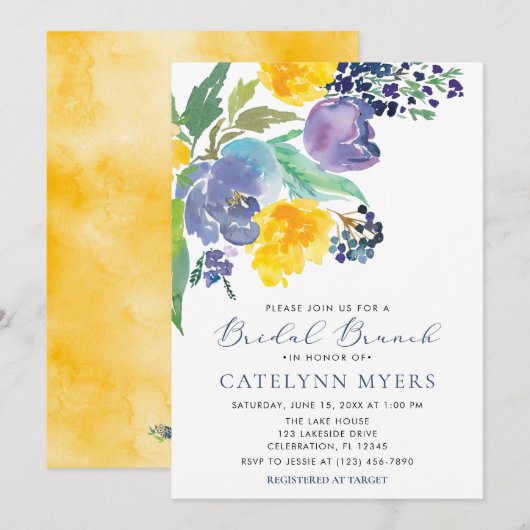 Invitation Bleu de marine et jaune Floral Moderne Brunch nupt (Devant / Derrière)