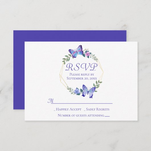 Invitation Bleu de marine Mariage à couronne de fleurs RSVP (Devant / Derrière)