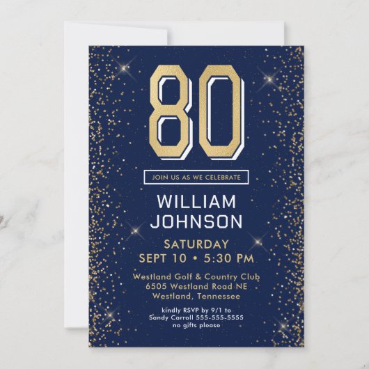Invitation Bleu de marine moderne 80e anniversaire (Devant)
