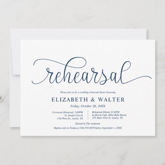 Invitation Bleu de marine moderne, répétition Mariage et dîne (Devant)