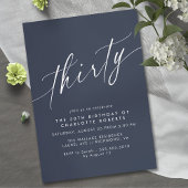 Invitation Bleu de marine moderne | Script simple 30e anniver