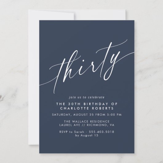 Invitation Bleu de marine moderne | Script simple 30e anniver (Devant)