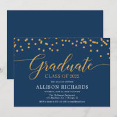 Invitation Bleu de marine or élégant confetti fête de graduat (Devant / Derrière)