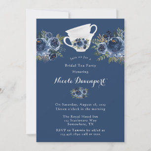 Invitation Bleu de marine Peony Mariage Tea Party