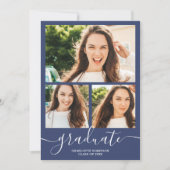 Invitation Bleu de marine script 4 photos graduation (Devant)