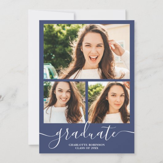Invitation Bleu de marine script 4 photos graduation (Devant)