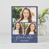 Invitation Bleu de marine script 4 photos graduation (Debout devant)