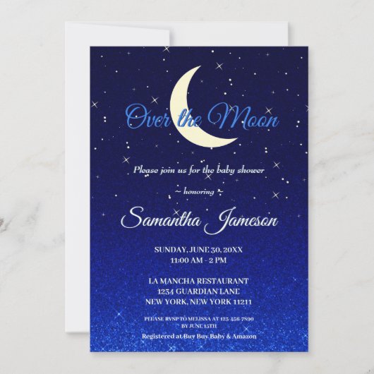 Invitation Bleu de minuit sur le Baby shower de la lune (Devant)