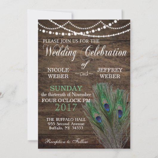 Invitation Bleu de paon rustique de mariage de grange Boho (Devant)
