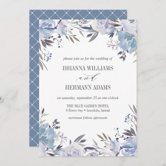 Invitation Bleu de rêve | Fancy rustique Flowers mariage (Devant / Derrière)