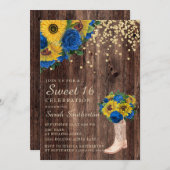 Invitation Bleu de tournesol rustique Bottes Roses doux 16 (Devant / Derrière)