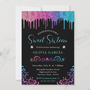 Invitation Bleu de verre et rose Gradient Parties scintillant
