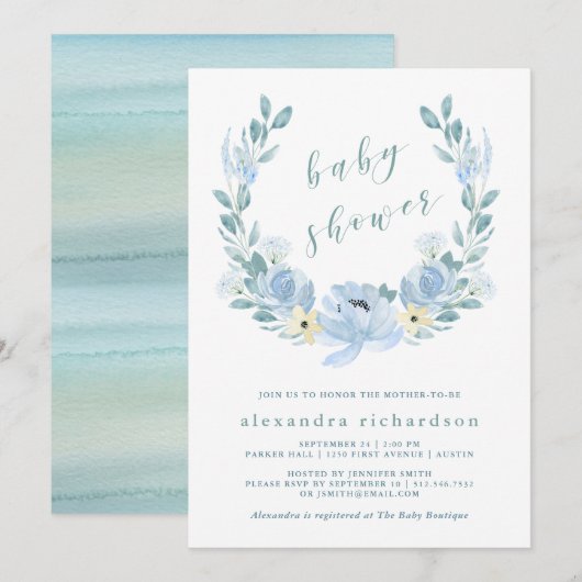 Invitation Bleu délicat | Baby shower floral aquarelle (Devant / Derrière)