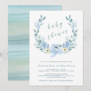 Invitation Bleu délicat   Baby shower floral aquarelle