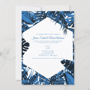 Invitation Bleu Denim Moyen Feuilles de Palmiers Tropicaux Ma