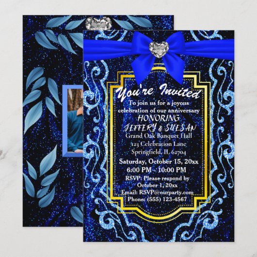 Invitation Bleu Dentelle Moderne Bohème Élégant Anniversaire (Devant / Derrière)