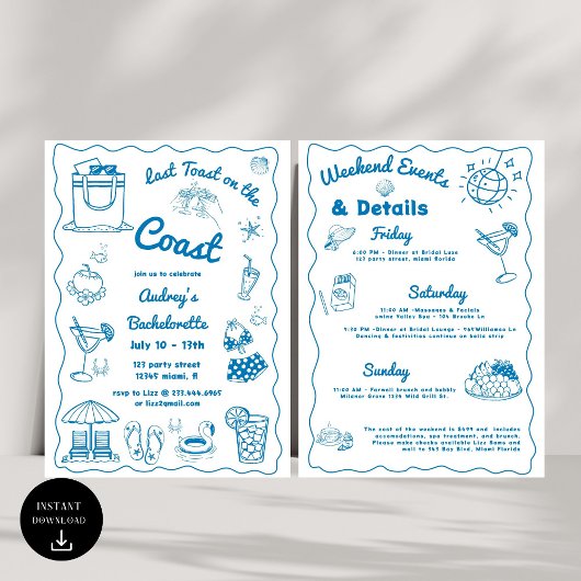 Invitation Bleu Dernier Toast Sur La Côte Bachelorette Week-e