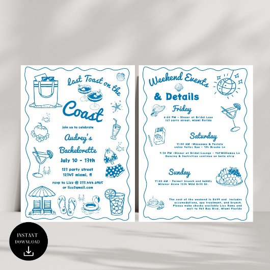 Invitation Bleu Dernier Toast Sur La Côte Bachelorette Week-e