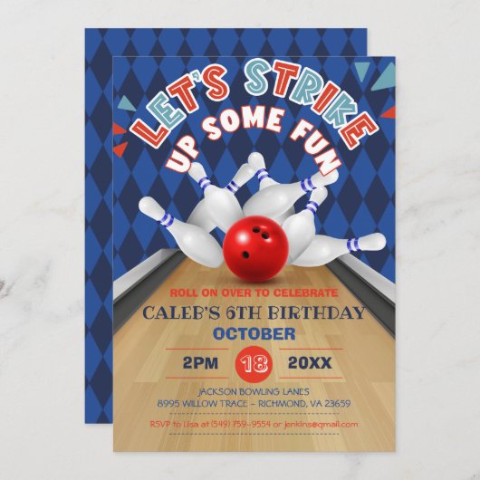 Invitation Bleu Diamond Strike Bowling Anniversaire (Devant / Derrière)