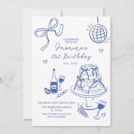 Invitation Bleu Disco Ball & Cake tendance Anniversaire (Devant)
