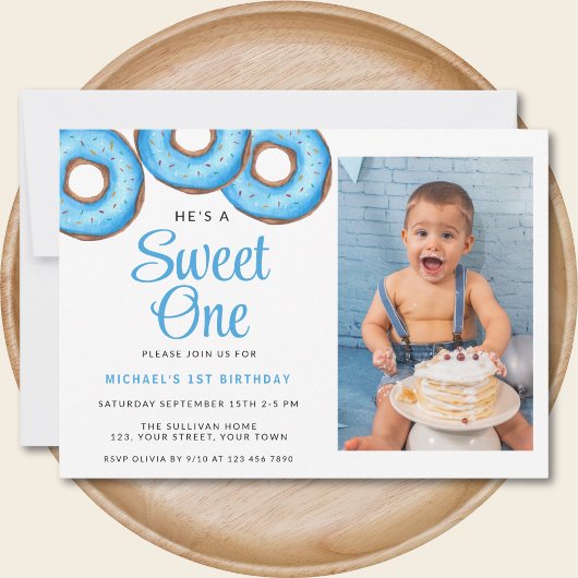 Invitation Bleu Donut Photo Boy's First Birthday Party