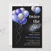 Invitation Bleu double et ballons d'argent Jour d'anniversair (Devant)