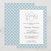 Invitation Bleu doux| Baby shower de thé Brown à la bouteille (Devant / Derrière)