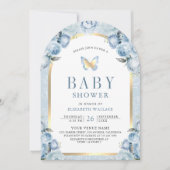 Invitation Bleu doux Baby shower papillon à arc floral (Devant)