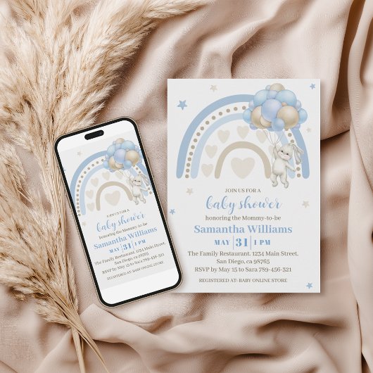 Invitation Bleu doux Bunny Bleu Baby shower arc-en-ciel
