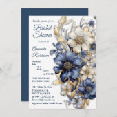 Invitation Bleu doux, Fleurs blanches et Etches d'or (Devant / Derrière)