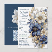 Invitation Bleu doux, fleurs blanches et gravures dorées  (Devant / Derrière)