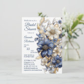 Invitation Bleu doux, fleurs blanches et gravures dorées  (Debout devant)