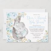 Invitation Bleu Doux Floral Elephant Drive Par Baby shower (Devant)