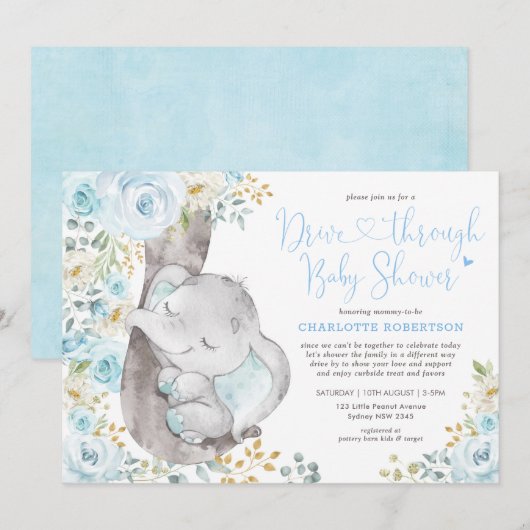 Invitation Bleu Doux Floral Elephant Drive Par Baby shower (Devant / Derrière)