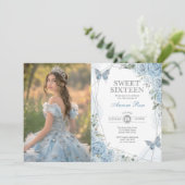 Invitation Bleu doux Silver Sweet 16 Papillon photo d'anniver (Debout devant)