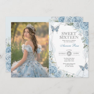Invitation Bleu doux Silver Sweet 16 Papillon photo d'anniver