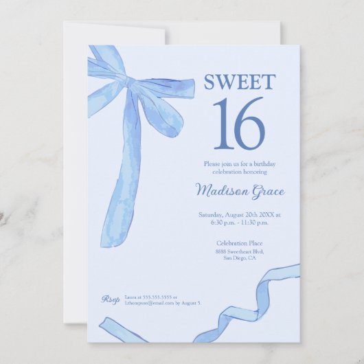 Invitation Bleu doux tendance Bow Ruban Coquette Sweet 16 (Devant)