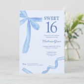 Invitation Bleu doux tendance Bow Ruban Coquette Sweet 16 (Debout devant)