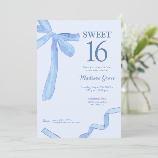Invitation Bleu doux tendance Bow Ruban Coquette Sweet 16 (Debout devant)