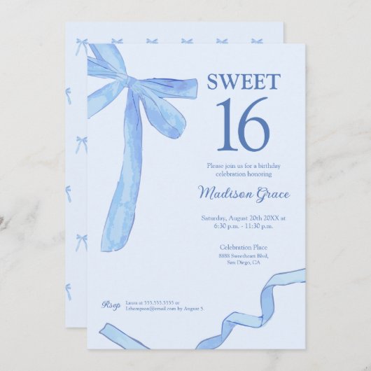 Invitation Bleu doux tendance Bow Ruban Coquette Sweet 16 (Devant / Derrière)