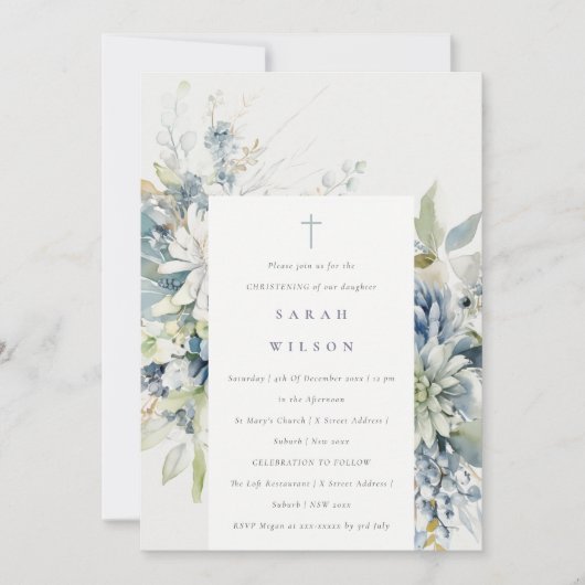 Invitation Bleu Doux Vert Succulent Fleur Christening (Devant)
