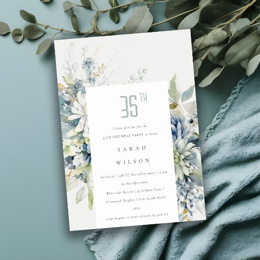 Invitation Bleu doux Vert Succulent Floral Anniversaire
