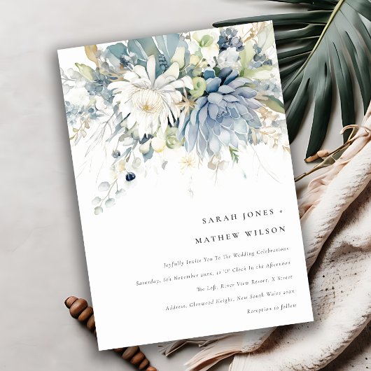 Invitation Bleu doux Vert Succulent Mariage botanique fleuri