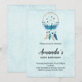 Invitation Bleu Dreamcatcher avec Fleurs & Plumes Anniversair (Devant / Derrière)