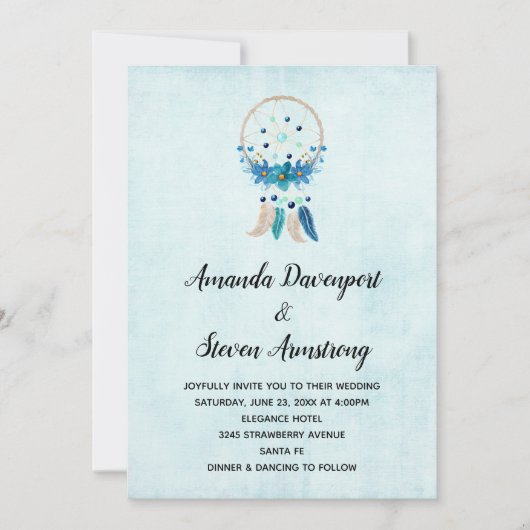 Invitation Bleu Dreamcatcher avec Mariage Fleurs & Plumes (Devant)