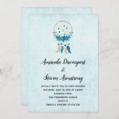 Invitation Bleu Dreamcatcher avec Mariage Fleurs & Plumes (Devant / Derrière)